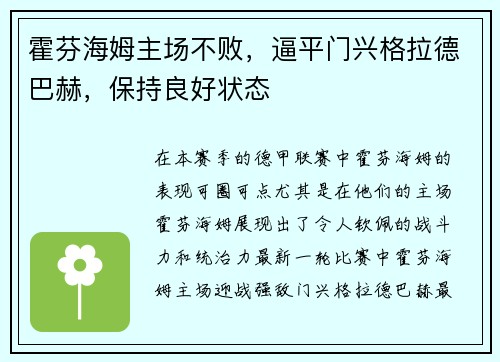 霍芬海姆主场不败，逼平门兴格拉德巴赫，保持良好状态