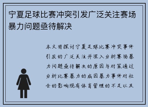 宁夏足球比赛冲突引发广泛关注赛场暴力问题亟待解决