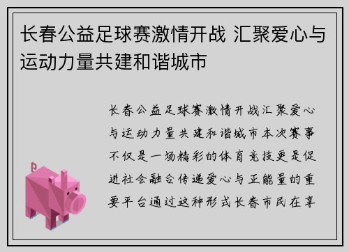 长春公益足球赛激情开战 汇聚爱心与运动力量共建和谐城市