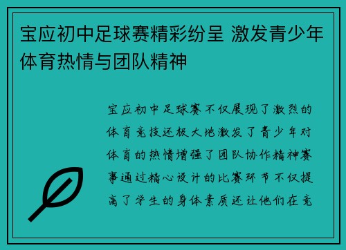 宝应初中足球赛精彩纷呈 激发青少年体育热情与团队精神