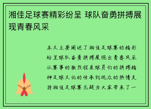 湘佳足球赛精彩纷呈 球队奋勇拼搏展现青春风采