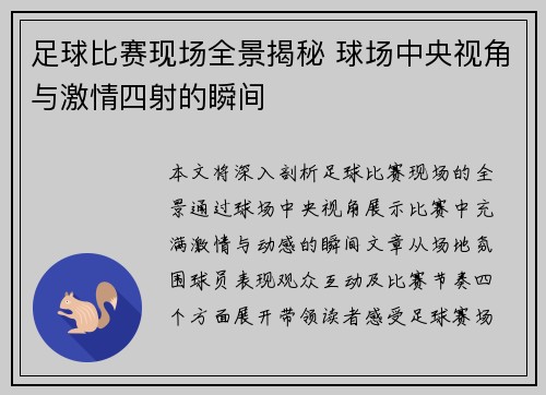 足球比赛现场全景揭秘 球场中央视角与激情四射的瞬间