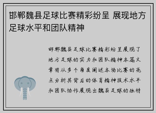 邯郸魏县足球比赛精彩纷呈 展现地方足球水平和团队精神