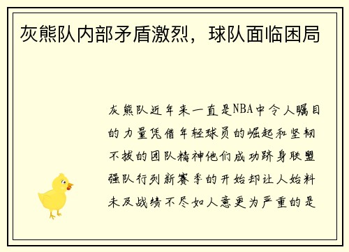 灰熊队内部矛盾激烈，球队面临困局
