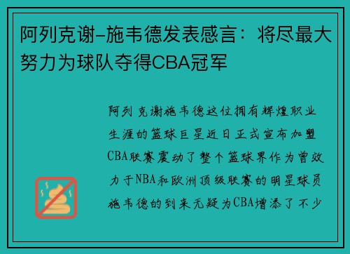 阿列克谢-施韦德发表感言：将尽最大努力为球队夺得CBA冠军
