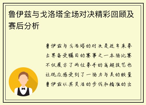 鲁伊兹与戈洛塔全场对决精彩回顾及赛后分析