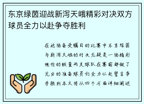 东京绿茵迎战新泻天峨精彩对决双方球员全力以赴争夺胜利