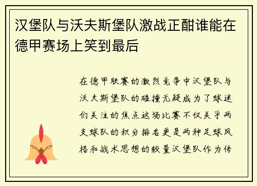 汉堡队与沃夫斯堡队激战正酣谁能在德甲赛场上笑到最后