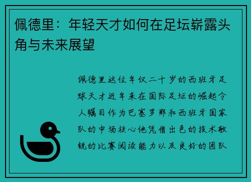 佩德里：年轻天才如何在足坛崭露头角与未来展望