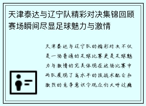 天津泰达与辽宁队精彩对决集锦回顾赛场瞬间尽显足球魅力与激情