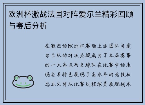 欧洲杯激战法国对阵爱尔兰精彩回顾与赛后分析