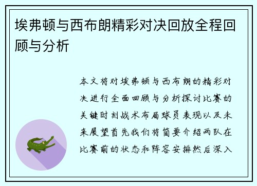 埃弗顿与西布朗精彩对决回放全程回顾与分析