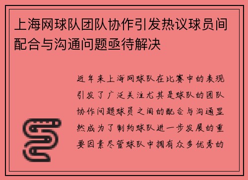 上海网球队团队协作引发热议球员间配合与沟通问题亟待解决