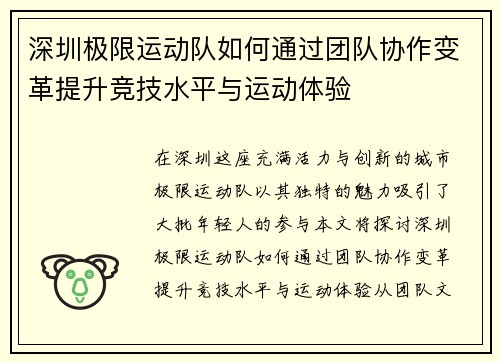 深圳极限运动队如何通过团队协作变革提升竞技水平与运动体验