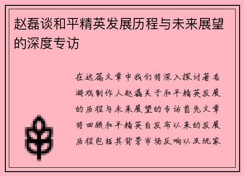 赵磊谈和平精英发展历程与未来展望的深度专访