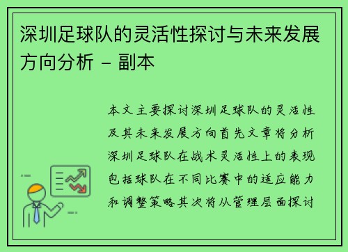深圳足球队的灵活性探讨与未来发展方向分析 - 副本