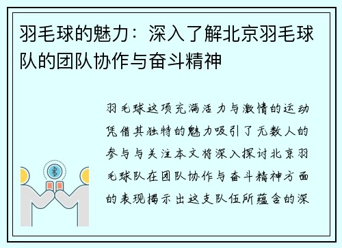 羽毛球的魅力：深入了解北京羽毛球队的团队协作与奋斗精神